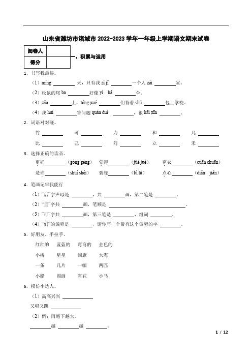 山东省潍坊市诸城市2022-2023学年一年级上学期语文期末试卷