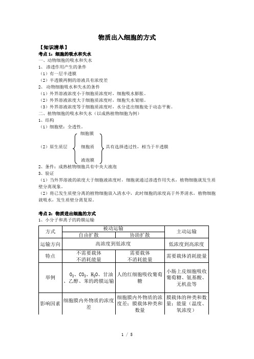 高中生物必修一物质出入细胞的方式(知识练习)