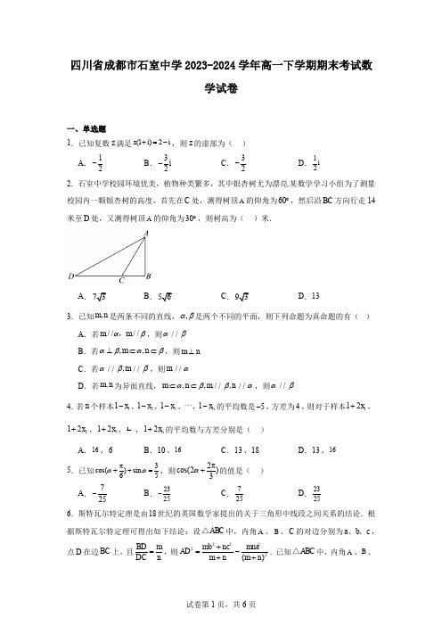 四川省成都市石室中学2023-2024学年高一下学期期末考试数学试卷