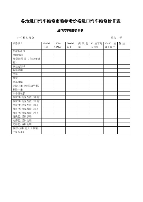 各地进口汽车维修市场参考价格进口汽车维修价目表