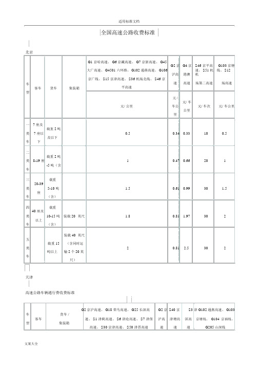 (完整版)全国高速公路收费实用标准