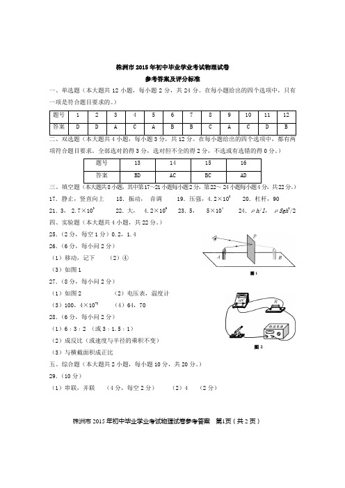 2015年株洲中考物理参考答案