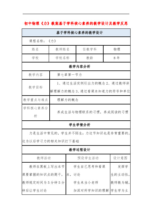 初中物理《力》教案基于学科核心素养的教学设计及教学反思