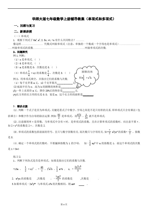 华师大版七年级数学上册辅导教案(单项式 多项式)