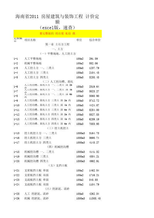 海南2011定额序号速查