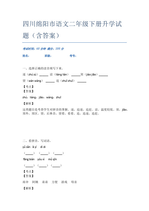 四川绵阳市语文二年级下册升学试题(含答案)