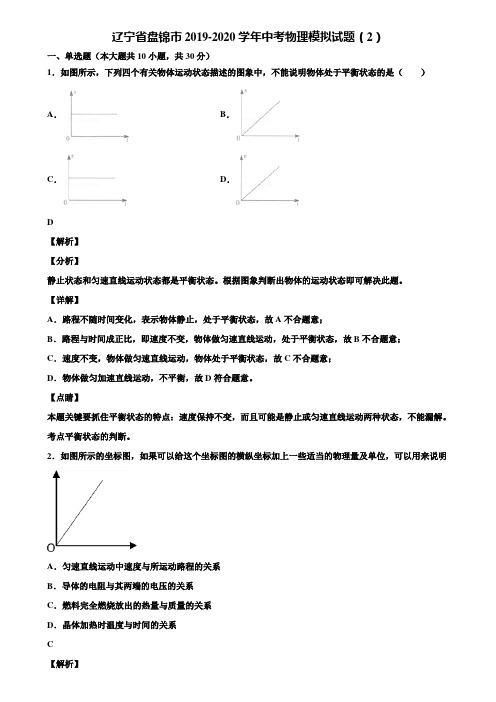 辽宁省盘锦市2019-2020学年中考物理模拟试题(2)含解析