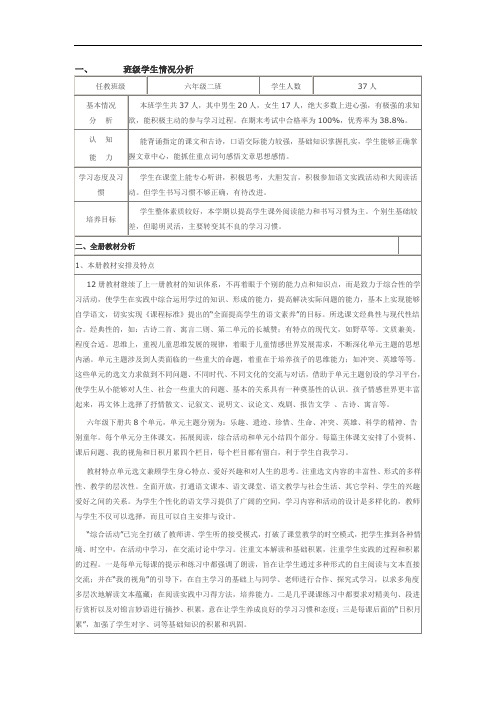 六年级语文教案-北师大小学语文第十二册教学计划 精品