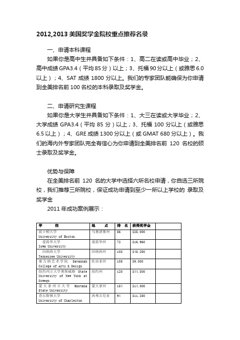 2012,2013美国奖学金院校重点推荐名录