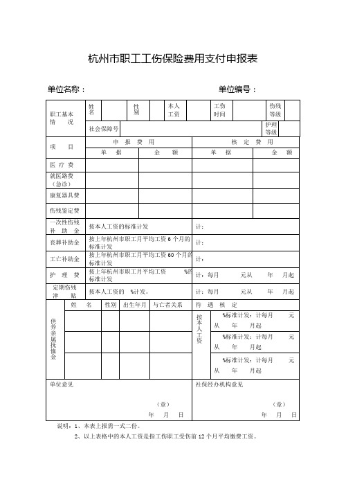 杭州市职工工伤保险费用支付申报表