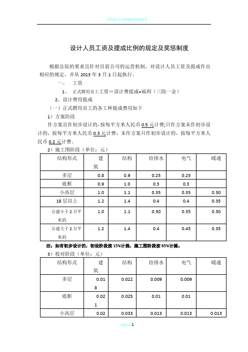 某设计院设计人员工资及提成比例的规定及奖惩制度.