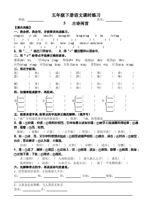 苏教版五年级下册语文课时练习第5课 古诗两首