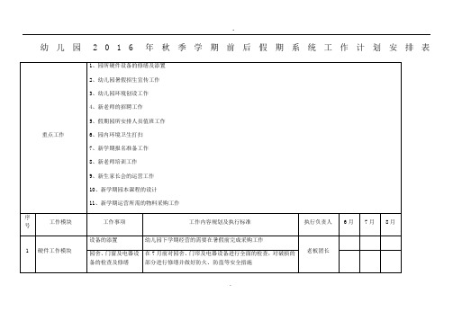 幼儿园206年秋季学期前后假期系统工作计划安排表