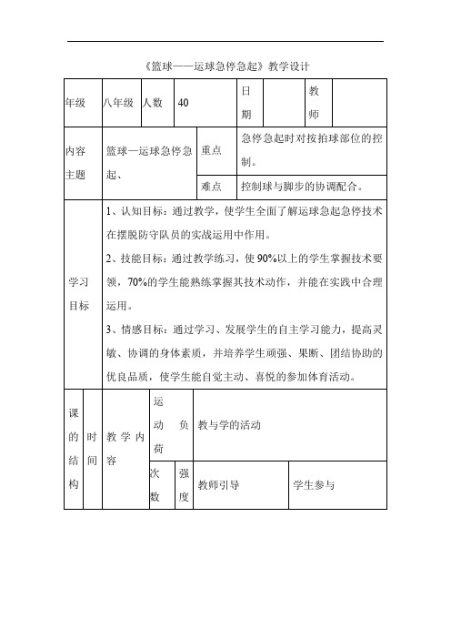 初中体育_篮球运球急停急起教学设计学情分析教材分析课后反思