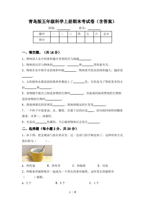 青岛版五年级科学上册期末考试卷(含答案)