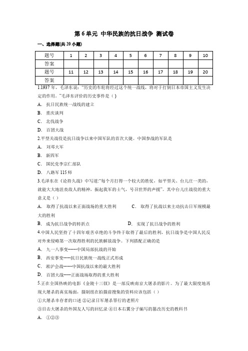 人教部编版八年级上册历史单元测试卷：第6单元 中华民族的抗日战争(含答案)