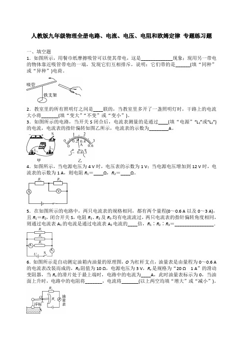 人教版九年级物理全册电路、电流、电压、电阻和欧姆定律 专题练习题 含答案