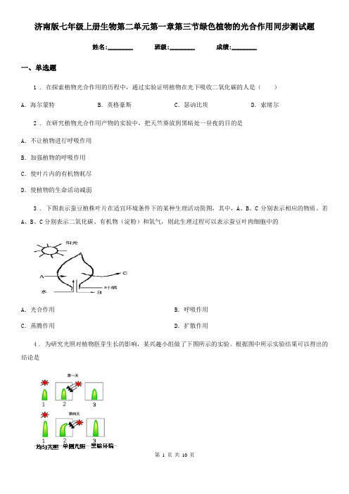 济南版七年级上册生物第二单元第一章第三节绿色植物的光合作用同步测试题