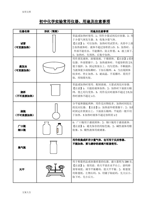 初中化学实验常用仪器、用途及注意事项