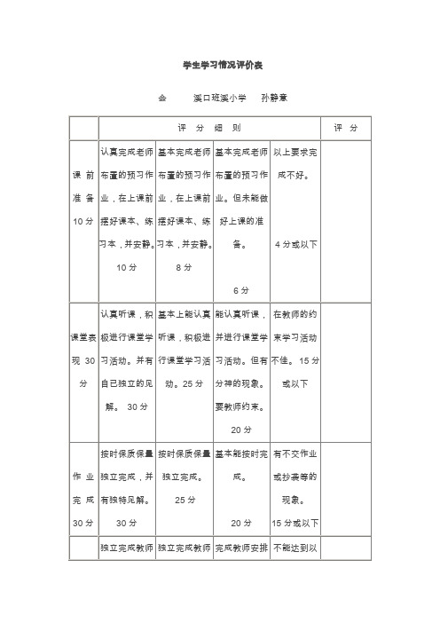 学生学习情况评价表