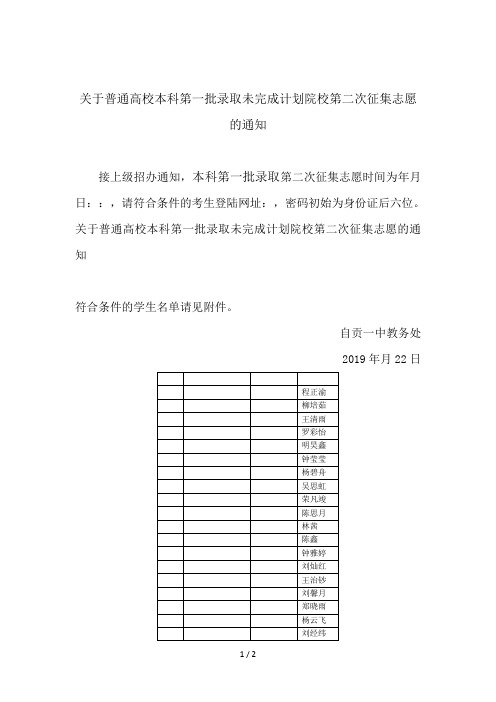 关于普通高校本科第一批录取未完成计划院校第二次征集志愿