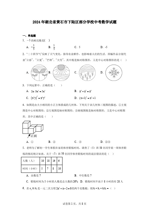 2024年湖北省黄石市下陆区部分学校中考数学试题