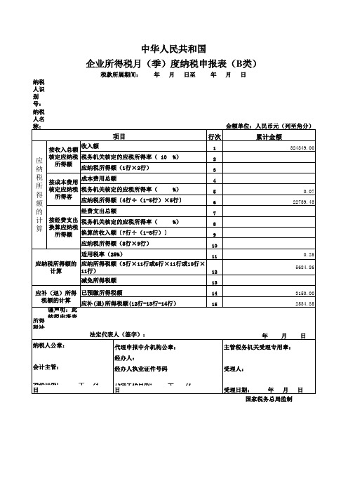 企业所得税申报表B类(样表)