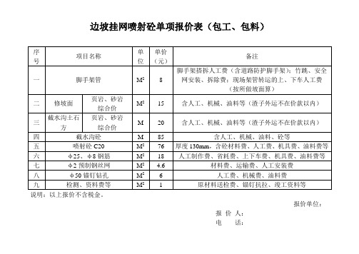 边坡挂网喷射砼单项报价