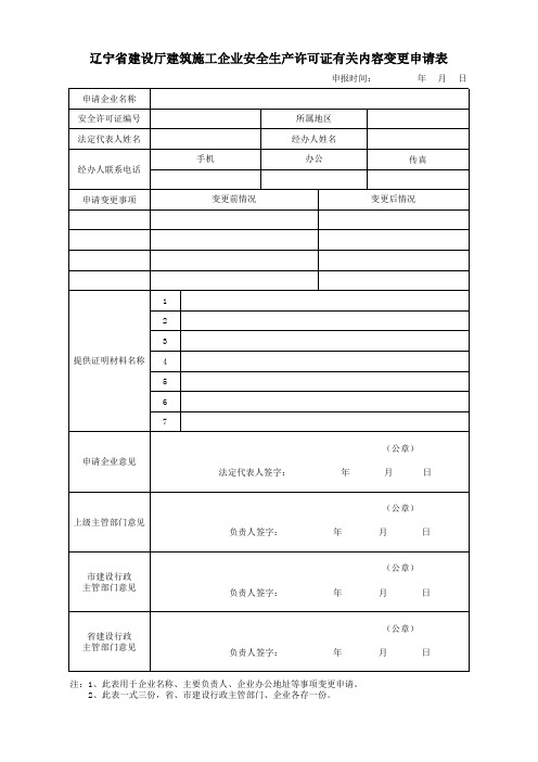 辽宁省建设厅建筑施工企业安全生产许可证有关内容变更申请表