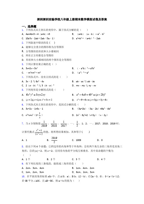 深圳深圳实验学校八年级上册期末数学模拟试卷及答案