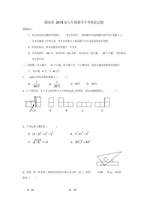 2018年湖南最新九年级数学模拟试题