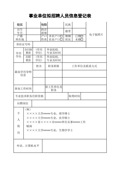 事业单位拟招聘人员信息登记表