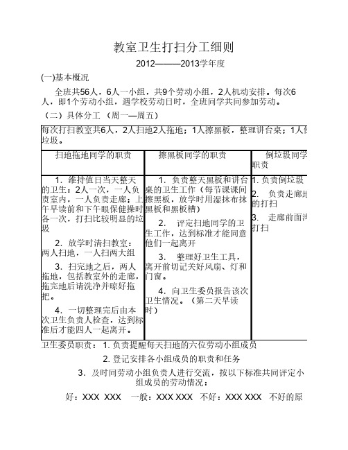 高一(6班)班卫生打扫工作分工细则