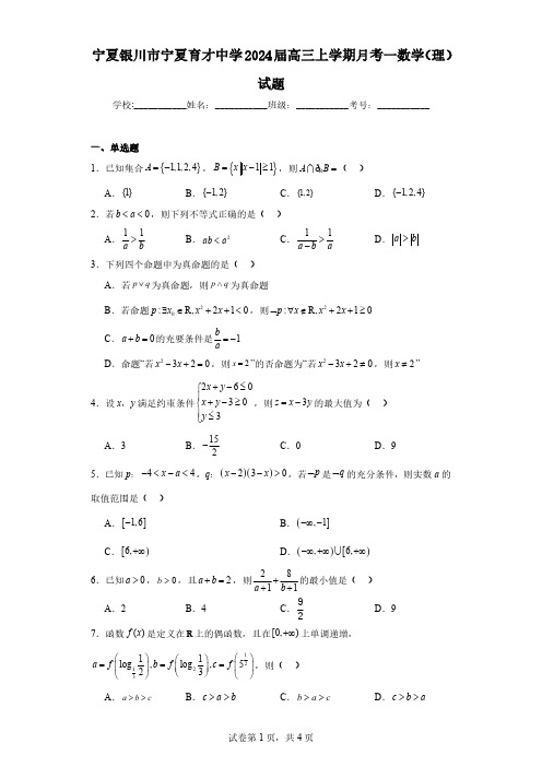 宁夏银川市宁夏育才中学2024届高三上学期月考一数学(理)试题(含解析)