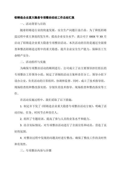 铝铸造企业重大隐患专项整治活动工作总结汇报