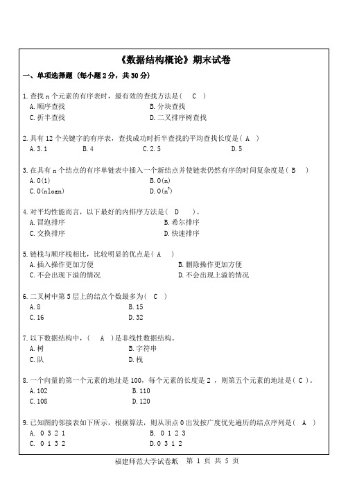 福建师范大学2020年8月《《数据结构概论》务》期末试卷A卷答案