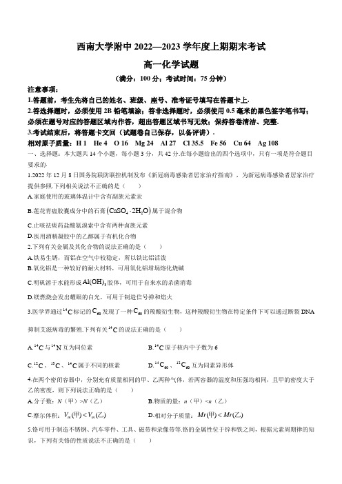 重庆市西南大学附属中学校2022-2023学年高一上学期期末考试化学试题 Word版含答案