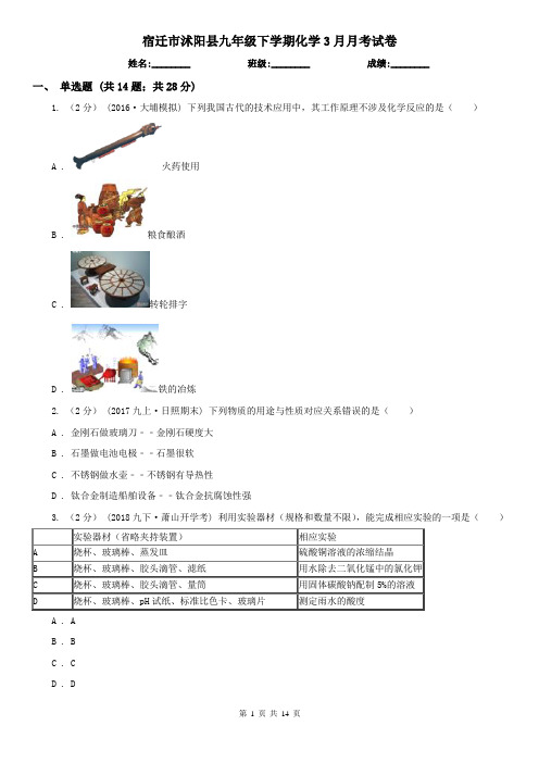 宿迁市沭阳县九年级下学期化学3月月考试卷