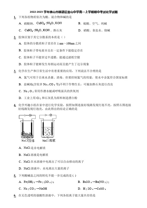 2022-2023学年佛山市顺德区容山中学高一上学期期中考试化学试题