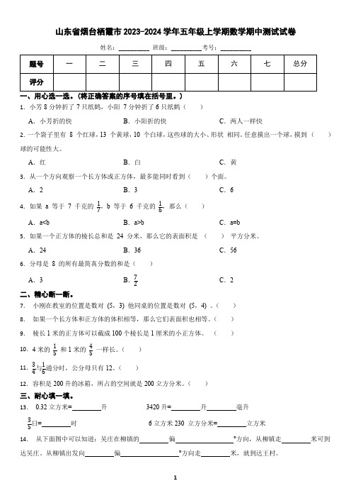 山东省烟台市2023-2024学年五年级上学期数学期中测试试卷(含答案)