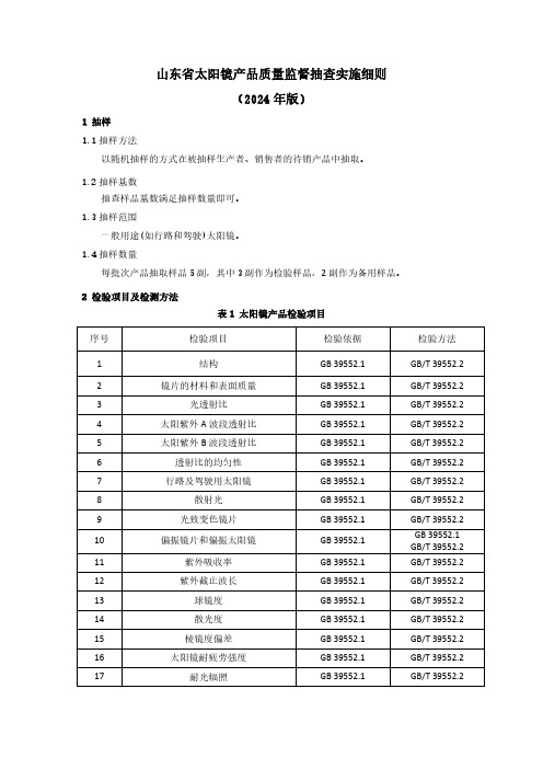 太阳镜产品质量监督抽查实施细则(2024年版)