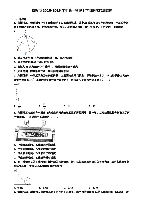 临沂市2018-2019学年高一物理上学期期末检测试题