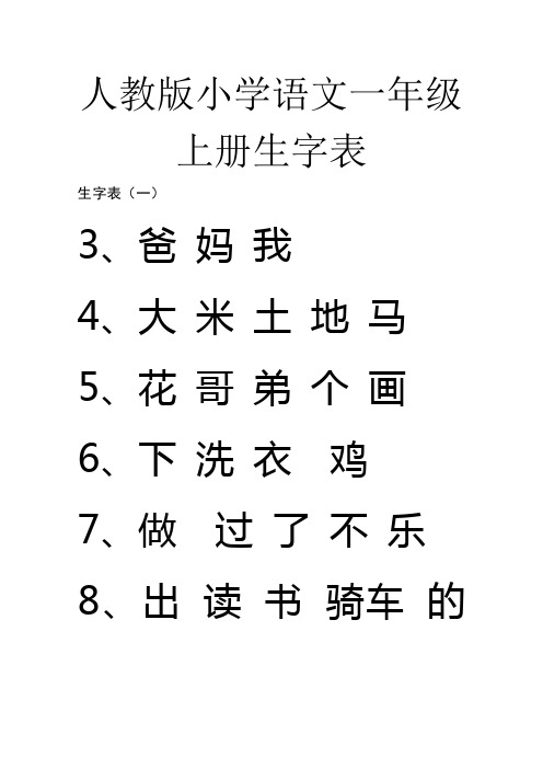 人教版一年级上册语文生字表(拼音)