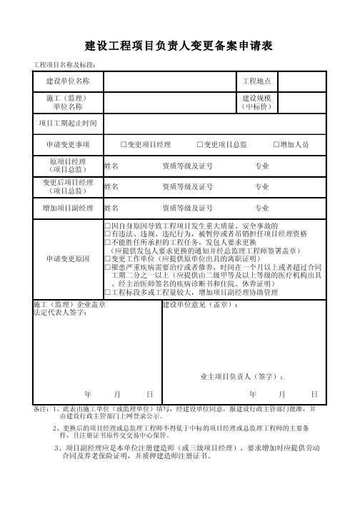 建设工程项目负责人变更备案申请表