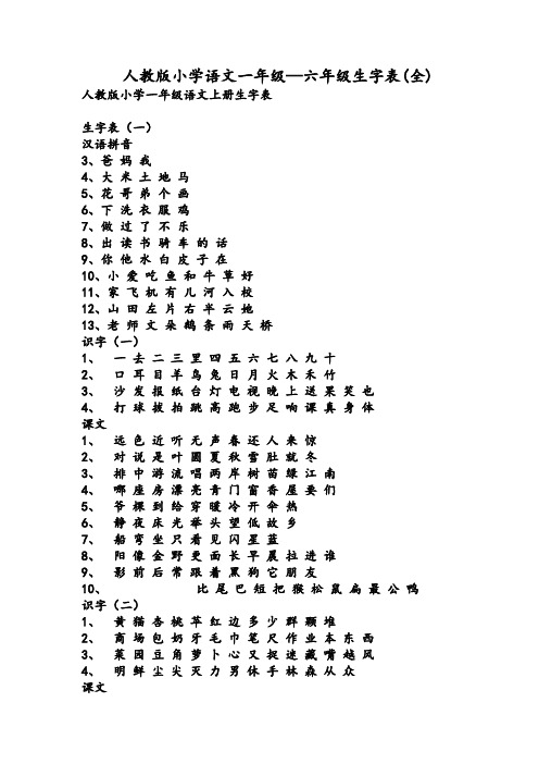 人教版小学语文一年级到六年级生字表