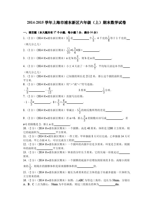 上海市浦东新区六年级 上 期末数学试卷