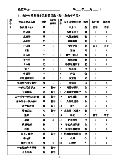 救护车抢救设备及物品目录