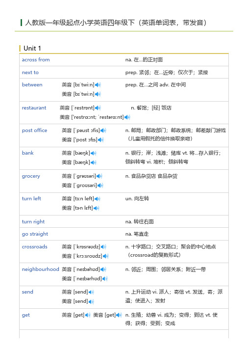 人教版一年级起点小学英语四年级下(英语单词表)