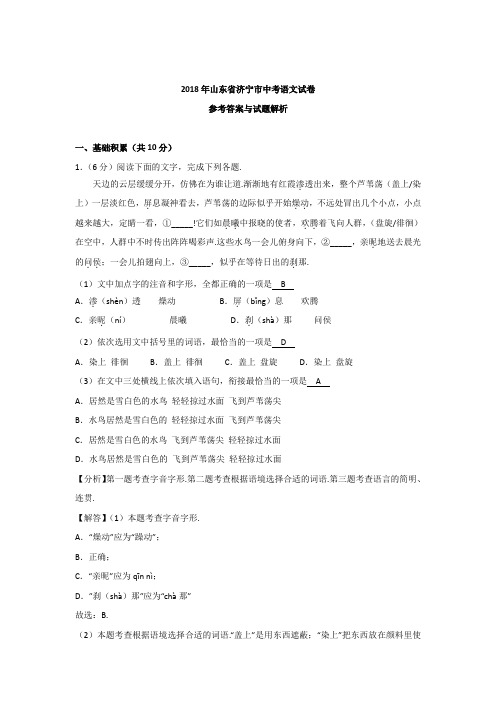 2018年山东省济宁市中考语文试题含参考解析