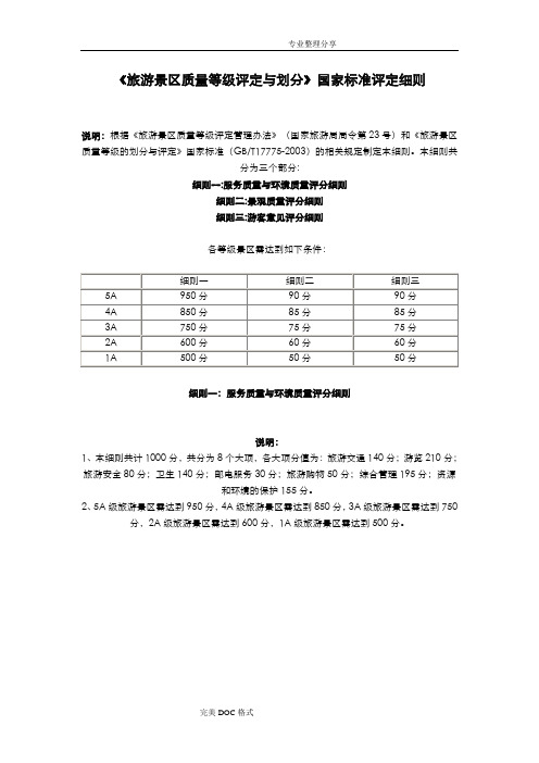 旅游景区质量等级评定及划分国家标准评定细则